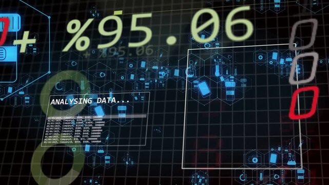 Data stream arriving, HUD updating yellow %, shifting blue icons, showing analysing progress