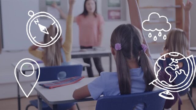 Teacher asking question class raising hands in class doodles overlaying center girl turning smiling
