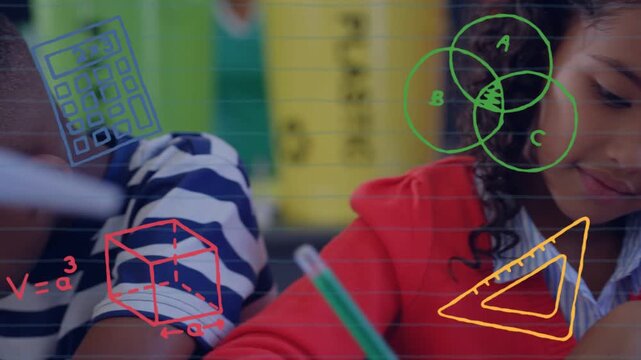 Girl writing with green pencil, math overlays over desk camera panning left boy solving math