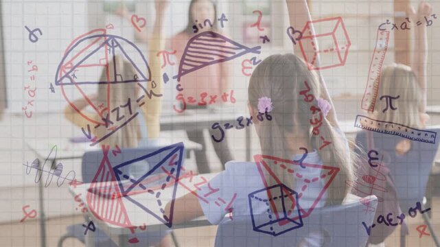 School girl with clip raising hand, turning, smiling after teacher gesturing, math overlay staying