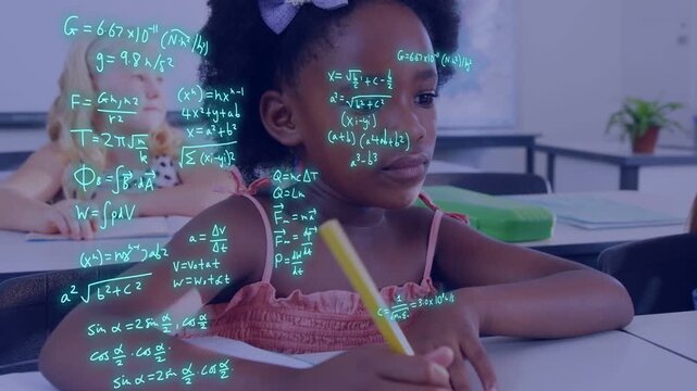 Girl writing in classroom, pencil making teal formulas drift across face, showing thought