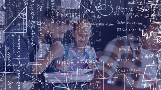 Teacher leaning and pointing at boy's notebook, boy writing to solve math, overlay marking lines
