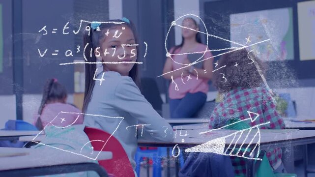 Girl in class writing while chalk math overlays appearing, turning to camera, zooming, smiling