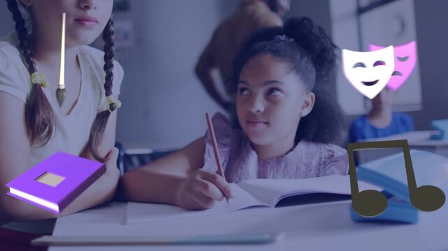 Braided girl leaning, writer writing, both smiling, offering help, book mask icons floating, school