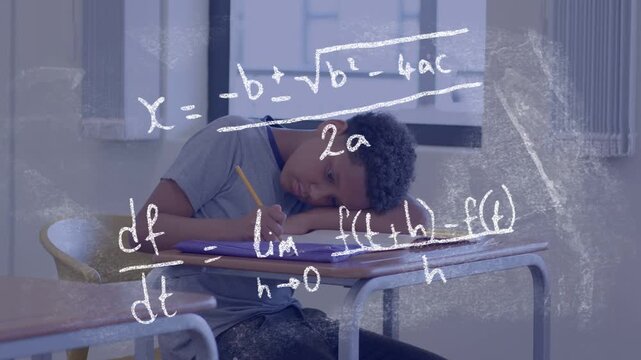Boy writing at desk while lifting head, leading to chalkboard math formulas appearing for study