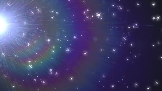 Initial pulse starting left flare emitting rays and rainbow rings, stars twinkling creating shimmer