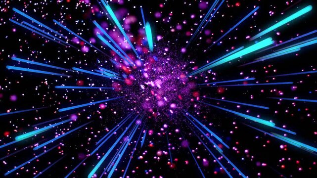 Central magenta cluster pulsing after pulse, emitting beams, streaks and particles, creating tunnel
