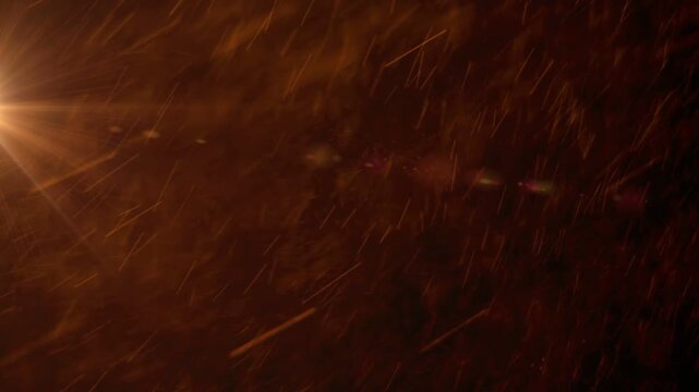 Wind gusting, lamp left lighting falling drops, streaks rising into diagonal stream, revealing rain