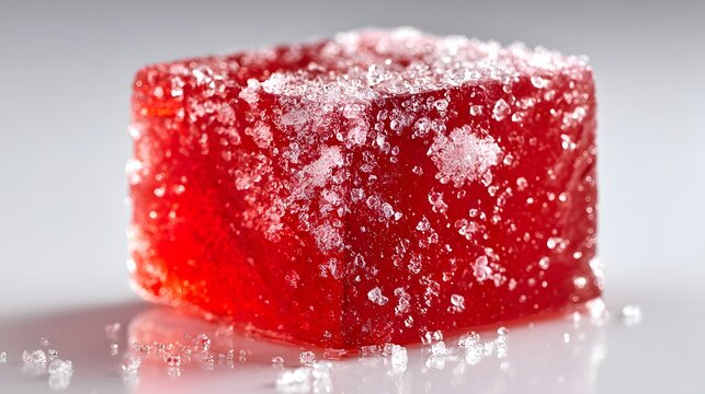 Close-up of a single red gummy candy cube covered in sugar crystals.