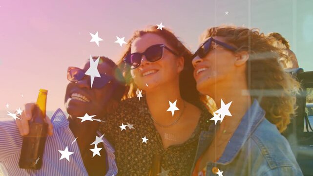 Music DJ starting track trio posing for camera raising bottle while stars drifting across faces