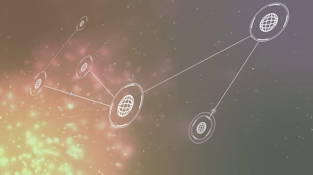 Single globe node appearing, nodes forming and linking, cluster expanding to show network links