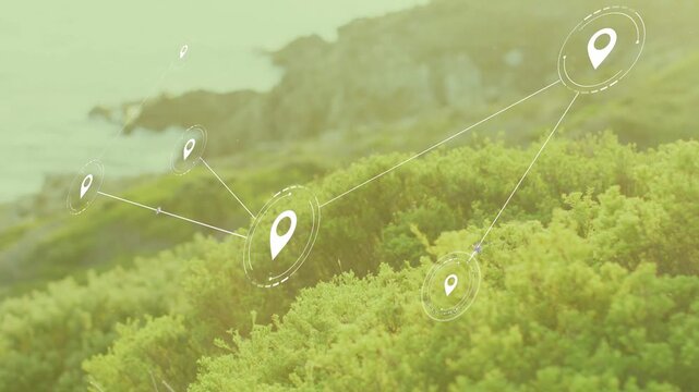 Central marker appearing, spawning location network over hillside, pins linking showing coverage