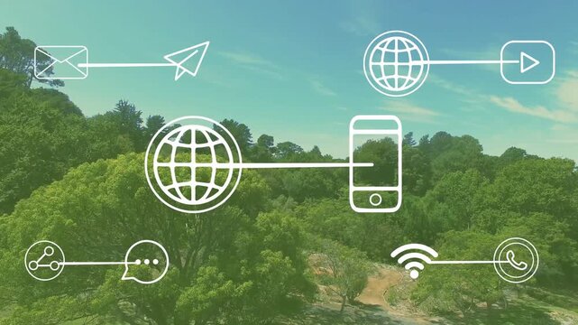 Drone drift initiating, network icons remaining fixed as treetops sliding, showing network reach