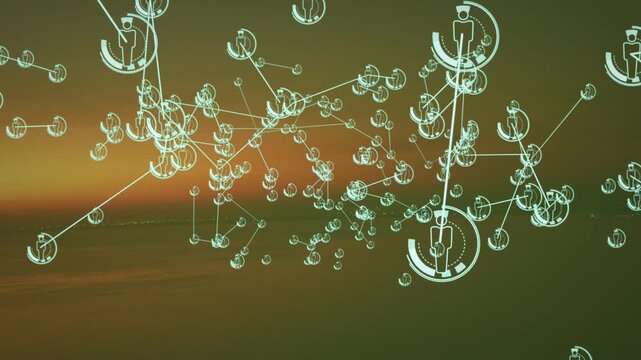 Node spawning causing cyan node clustering linking as camera shifting at sunset showing network
