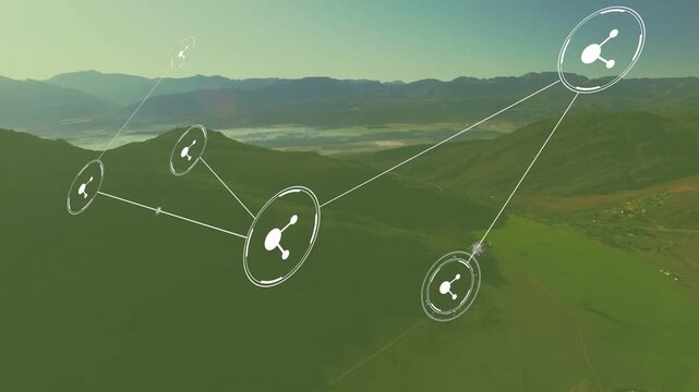 Single white node appearing over ridge, sparking nodes linking and growing, mapping valley network