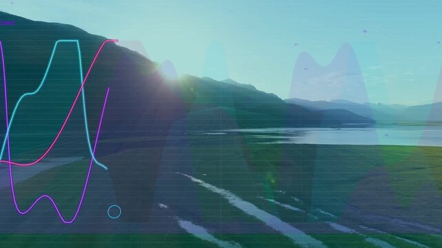 Coastal ridge with sun peeking, starting neon overlays and animating waveform ribbons showing data