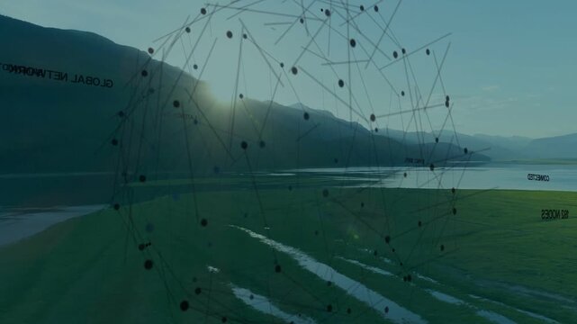 Sun flare starting network sphere appearing rotating expanding over lake showing node labels