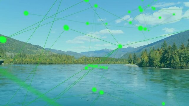 Label appearing near horizon causing neon nodes forming web over lake and ridge showing network