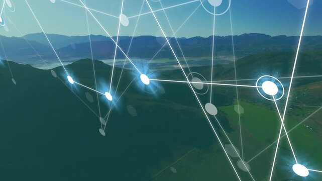 3D net overlay emerging from left or top edges, nodes moving inward, linking to map mountain valley