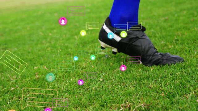 Player approaching soccer ball, placing boot, rolling, repositioning while icons chatboxes drifting