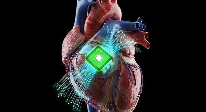 Human heart biochip emitting luminous green light with digital fibers in a dark void. Sharp macro focus captures intricate anatomical veins. Perfect for pharmaceutical industry marketing.