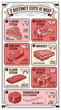 Educational poster exploring different beef cuts with artistic illustrations of steak varieties displayed on cutting boards in a modern rustic style.