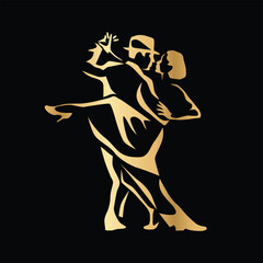 Fototapeta premium Stylized tango dancing couple in elegant gold gradient isolated on black background. Graceful silhouette with expressive pose and dramatic movement. Luxury latin dance logo sign emblem symbol perfect 