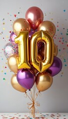 Naklejka premium Golden number 10 foil balloons and assorted round balloons float with confetti. Festive bouquet for celebration, party, anniversary, or birthday event.