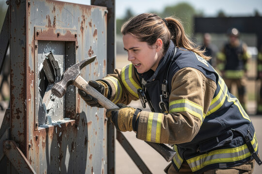 Female firefighter practicing forcible entry with halligan tool on training prop