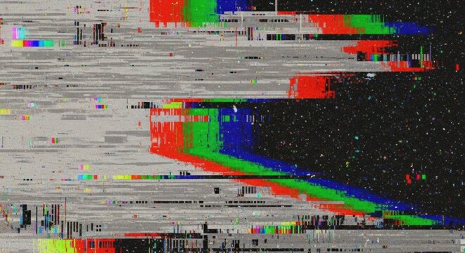 Glitchy screen displays distorted colorful patterns and noise