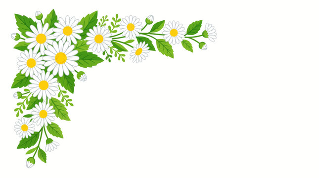 A floral corner border decoration with white daisies and green leaves on a white background