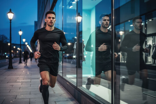 Man running at dusk along city sidewalk with reflective glass windows and motion blur