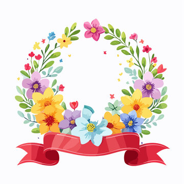 カラフルな春の花とリボンのリース お祝いのフラワーイラスト
