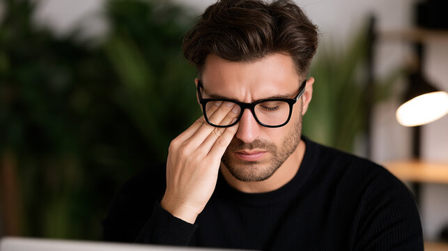 A person, exhausted from long screen time, rubs their eyes in frustration. Highlights the concept of digital fatigue and excessive screen use.