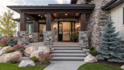 Fototapeta premium Stone home entrance with columns, open door, steps, lush landscaping, and exterior lights