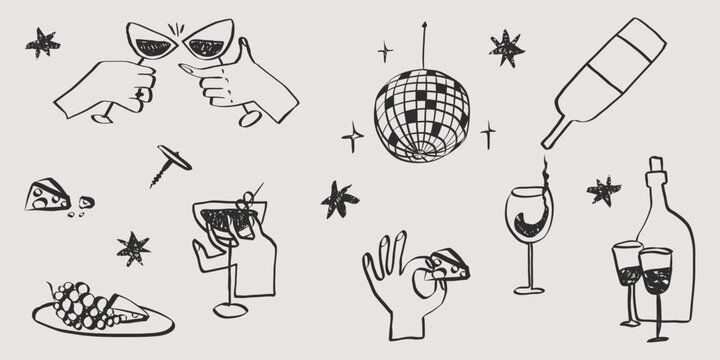 Whimsical chalk doodles of wine glasses and cocktails. Perfect sketch for party invitations and Italian restaurant menus in crayon style. Grunge vector illustration