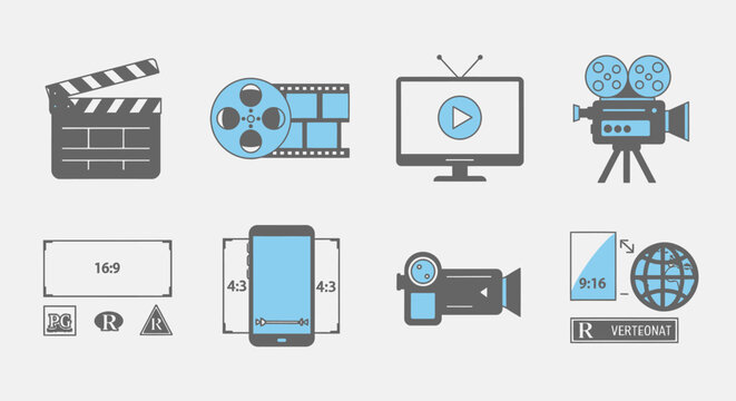 Media and video production icons film reel clapperboard television camera