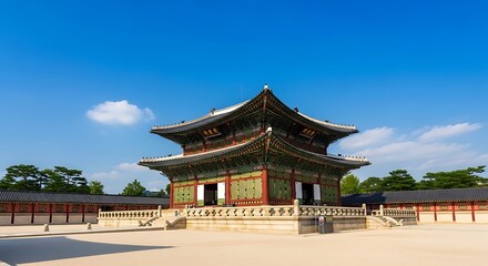Obraz premium Traditional Korean Palace Pavilion Standing in Sunny Courtyard Under Blue Sky