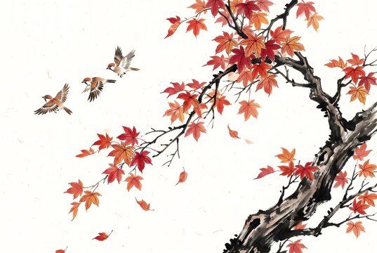 Chinese brush painting, autumn red maple branches with falling leaves, bold expressive ink strokes for branches, semi-transparent red and orange color wash for leaves, birds in flight.