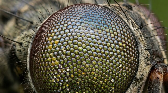 Close-up macro photograph of a compound eye of an insect, showcasing intricate details and textures.