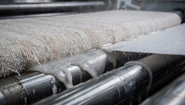 Close medium angle showing felt fabric guiding paperboard through press nips emphasizing material texture and fluid drainage during dewatering.