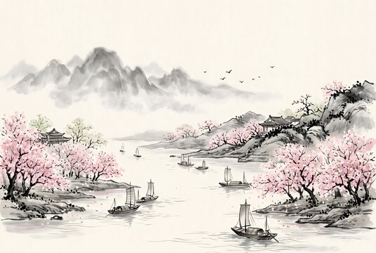 Traditional Chinese ink painting, spring river landscape with cherry blossom trees lining the banks, small sailing boats on gentle water, mountains in soft ink wash background.