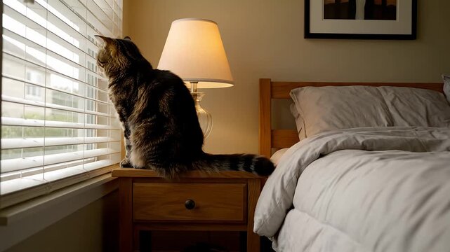 Cat gazing out of window next to bed and lamp in domestic interior