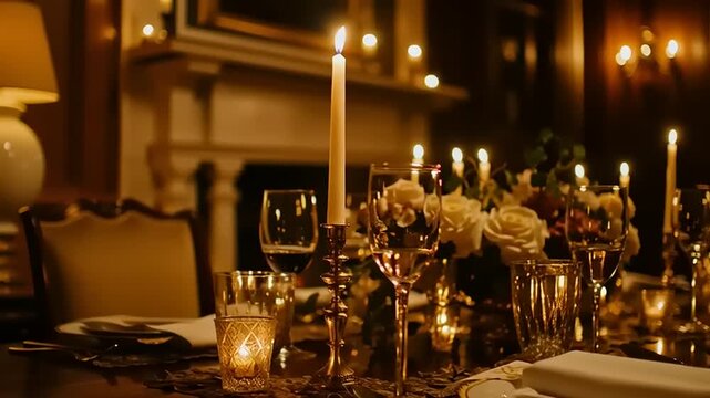 Elegant Table Setting with Candles and Flowers in Warm, Cinematic Lighting