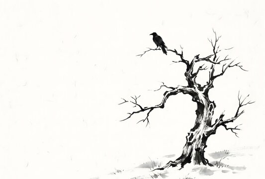 Minimalist Chinese brush painting, single bare ancient tree in winter, lone crow perched on highest branch, vast empty sky suggesting cold silence, bold confident ink strokes for tree trunk and branch