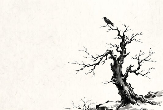 Minimalist Chinese brush painting, single bare ancient tree in winter, lone crow perched on highest branch, vast empty sky suggesting cold silence, bold confident ink strokes for tree trunk and branch