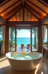 Fototapeta premium Spacious spa bathroom with jacuzzi tub faces emerald ocean view. Wooden deck with lounge chairs sits outside. Tropical plants frame this serene getaway.