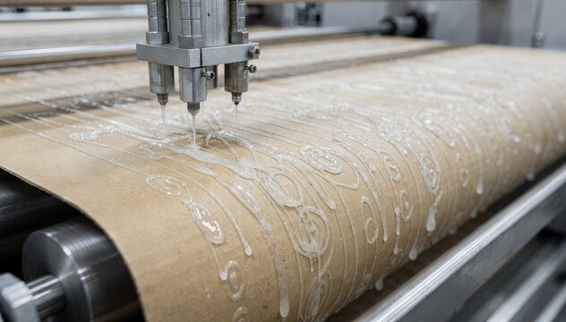 Professional equipment applying synthetic adhesive in detailed patterns on paperboard webs preparing for accurate web winding processes.