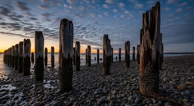 Weathered Wooden Pilings Standing on Rocky Shoreline at Sunset