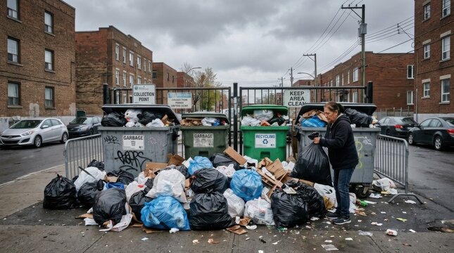 Overflowing trash bins on city street with scattered garbage.